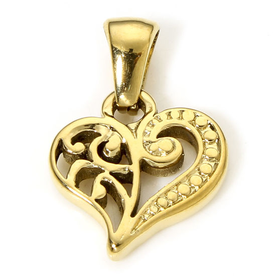 Image de 1 Piece Vacuum Plating 304 Stainless Steel Valentine's Day Charm Pendant Gold Plated Heart Flower Leaves Hollow 13mm x 13mm