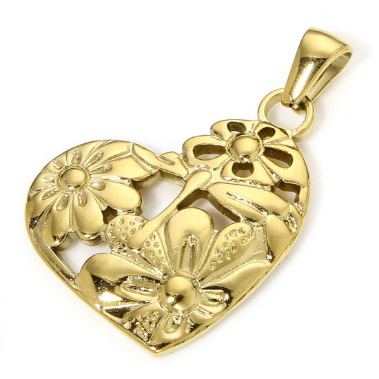 Image de 1 Piece Vacuum Plating 304 Stainless Steel Valentine's Day Charm Pendant Gold Plated Heart Flower Hollow 25mm x 25mm