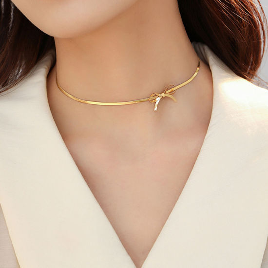 Bild von 1 Stück Vakuumbeschichtung 304 Edelstahl Schlangenkette Kette Choker Halskette 18K Gold plattiert Schleife 33cm lang