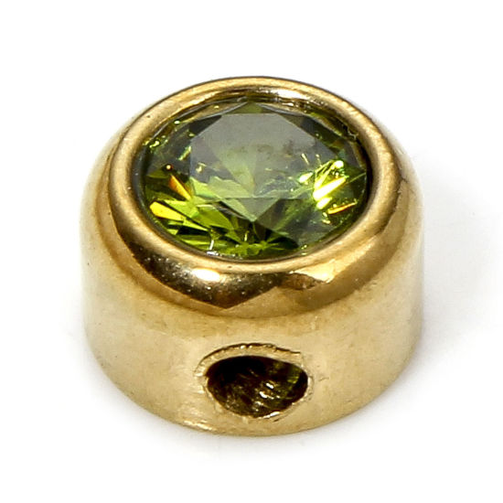 Image de 1 Piece Eco-friendly 304 Stainless Steel Birthstone Charms Gold Plated Round Olive Green Rhinestone 6mm x 6mm