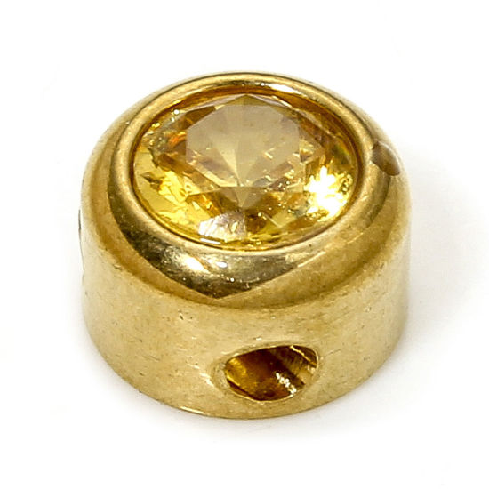 Bild von 1 Piece Eco-friendly 304 Stainless Steel Birthstone Charms Gold Plated Round Yellow Rhinestone 6mm x 6mm