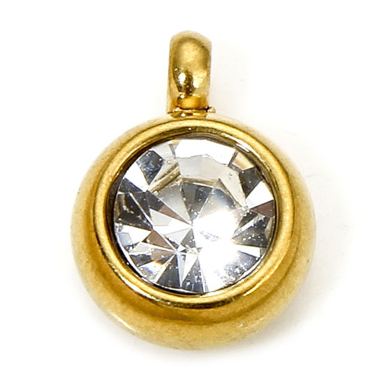 Picture of 2 PCs Eco-friendly 304 Stainless Steel Birthstone Charms Gold Plated Round Clear Rhinestone 8.5mm x 6mm