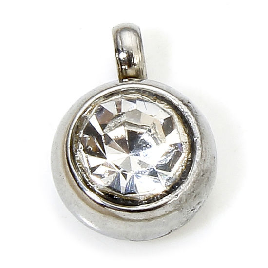 Picture of 2 PCs Eco-friendly 304 Stainless Steel Birthstone Charms Silver Tone Round Clear Rhinestone 8.5mm x 6mm