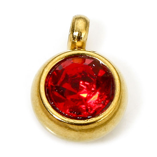 Picture of 2 PCs Eco-friendly 304 Stainless Steel Birthstone Charms Gold Plated Round Red Rhinestone 8.5mm x 6mm