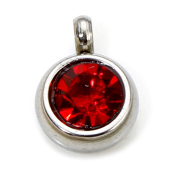 Picture of 2 PCs Eco-friendly 304 Stainless Steel Birthstone Charms Silver Tone Round Red Rhinestone 8.5mm x 6mm