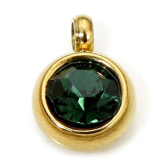 Picture of 2 PCs Eco-friendly 304 Stainless Steel Birthstone Charms Gold Plated Round Dark Green Rhinestone 8.5mm x 6mm