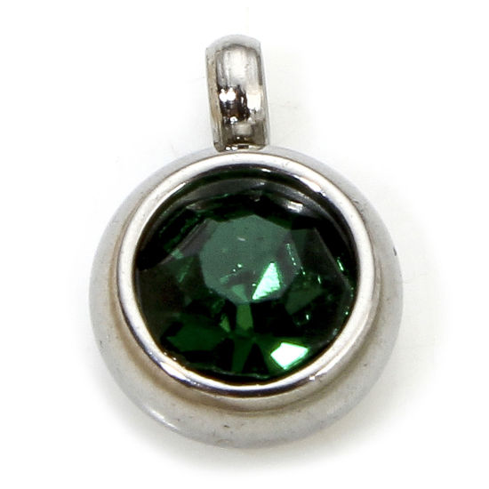 Picture of 2 PCs Eco-friendly 304 Stainless Steel Birthstone Charms Silver Tone Round Dark Green Rhinestone 8.5mm x 6mm