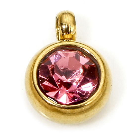 Picture of 2 PCs Eco-friendly 304 Stainless Steel Birthstone Charms Gold Plated Round Pink Rhinestone 8.5mm x 6mm