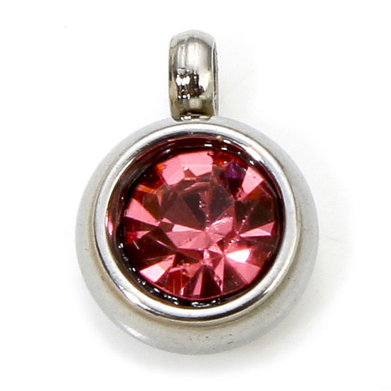 Picture of 2 PCs Eco-friendly 304 Stainless Steel Birthstone Charms Silver Tone Round Pink Rhinestone 8.5mm x 6mm