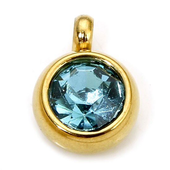 Picture of 2 PCs Eco-friendly 304 Stainless Steel Birthstone Charms Gold Plated Round Lake Blue Rhinestone 8.5mm x 6mm