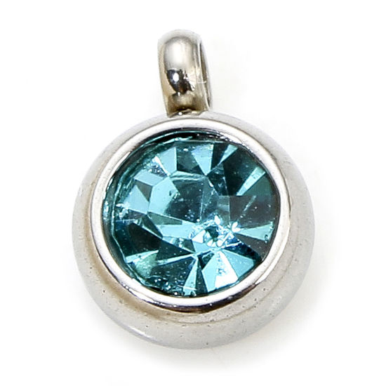 Picture of 2 PCs Eco-friendly 304 Stainless Steel Birthstone Charms Silver Tone Round Lake Blue Rhinestone 8.5mm x 6mm