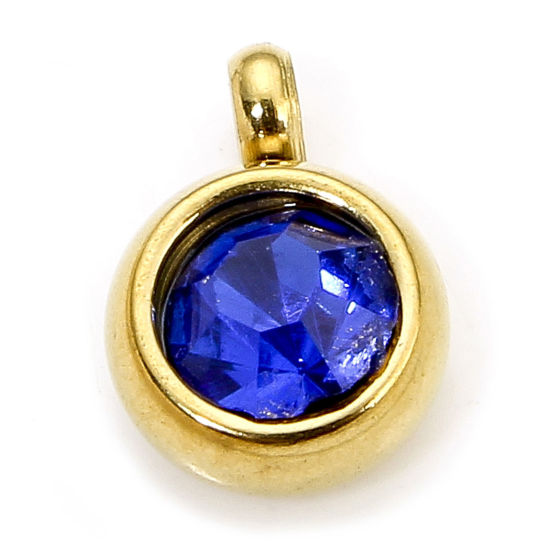 Picture of 2 PCs Eco-friendly 304 Stainless Steel Birthstone Charms Gold Plated Round Royal Blue Rhinestone 8.5mm x 6mm