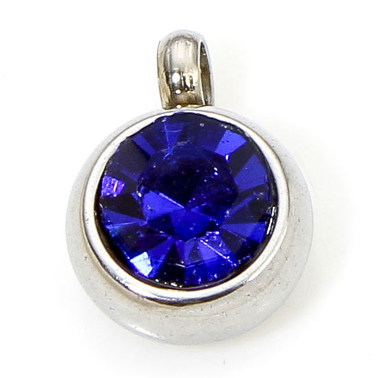 Picture of 2 PCs Eco-friendly 304 Stainless Steel Birthstone Charms Silver Tone Round Royal Blue Rhinestone 8.5mm x 6mm
