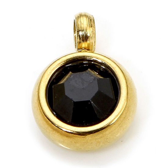 Picture of 2 PCs Eco-friendly 304 Stainless Steel Birthstone Charms Gold Plated Round Black Rhinestone 8.5mm x 6mm