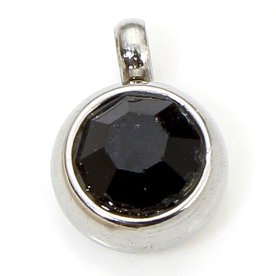 Picture of 2 PCs Eco-friendly 304 Stainless Steel Birthstone Charms Silver Tone Round Black Rhinestone 8.5mm x 6mm