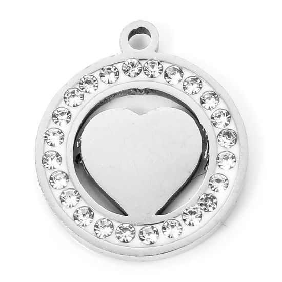 Picture of 1 Piece Eco-friendly 304 Stainless Steel Valentine's Day Charms Silver Tone Round Heart Hollow Clear Rhinestone 16mm x 14mm