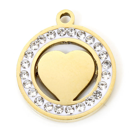 Picture of 1 Piece Vacuum Plating 304 Stainless Steel Valentine's Day Charms Gold Plated Round Heart Hollow Clear Rhinestone 16mm x 14mm
