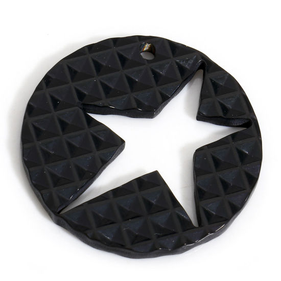 Picture of 1 Piece Vacuum Plating 304 Stainless Steel Galaxy Charms Black Round Pentagram Star Hollow 27mm Dia.