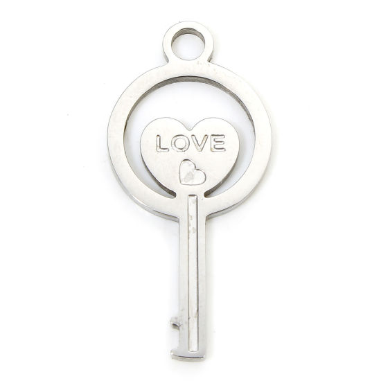Picture of 1 Piece Eco-friendly 304 Stainless Steel Valentine's Day Charms Silver Tone Key Heart Message " LOVE " Hollow 28.5mm x 13.5mm
