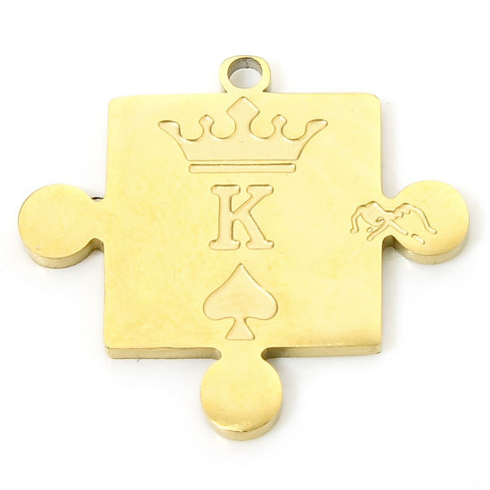 Bild von 1 Piece Vacuum Plating 304 Stainless Steel Geometric Charms Gold Plated Crown Building Blocks Message " K " 20.5mm x 18.5mm