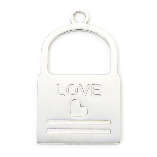 Picture of 1 Piece Eco-friendly 304 Stainless Steel Valentine's Day Charms Silver Tone Lock Heart Message " LOVE " Hollow 30mm x 17.5mm