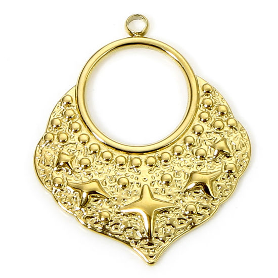 Bild von 1 Piece Vacuum Plating 304 Stainless Steel Hammered Charms Gold Plated Flower Circle Ring Hollow 29.5mm x 24.5mm