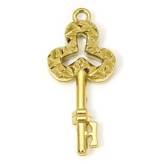 Picture of 1 Piece Vacuum Plating 304 Stainless Steel Valentine's Day Charms Gold Plated Key Hollow 28.5mm x 13mm