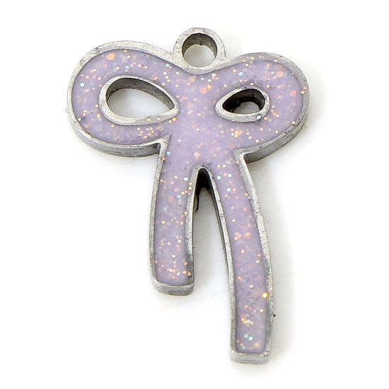 Image de 1 Piece Eco-friendly Vacuum Plating 304 Stainless Steel Stylish Charms Silver Tone Pale Lilac Bowknot Enamel 13.5mm x 9.5mm