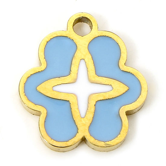 Image de 1 Piece Eco-friendly Vacuum Plating 304 Stainless Steel Stylish Charms Gold Plated Blue Flower Cross Enamel 10mm x 9mm