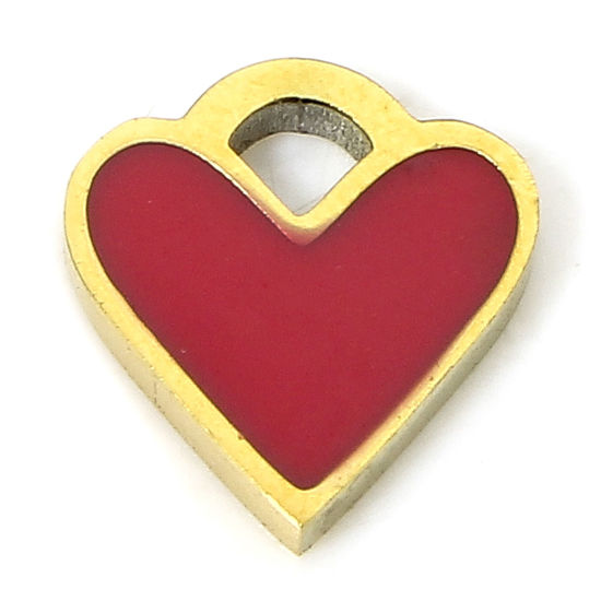 Bild von 1 Piece Eco-friendly Vacuum Plating 304 Stainless Steel Valentine's Day Charms Gold Plated Red Heart Enamel 8.5mm x 8mm