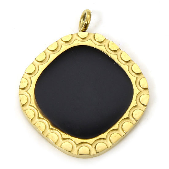 Picture of 1 Piece Eco-friendly Vacuum Plating 304 Stainless Steel Geometric Charms Gold Plated Black Round Enamel 18.5mm x 15.5mm