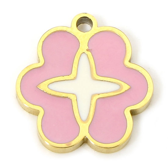 Picture of 1 Piece Eco-friendly Vacuum Plating 304 Stainless Steel Stylish Charms Gold Plated Pink Flower Cross Enamel 11.5mm x 11mm