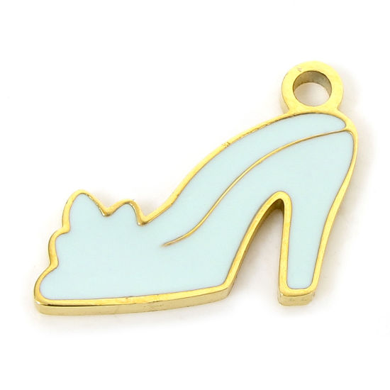 Изображение 1 Piece Eco-friendly Vacuum Plating 304 Stainless Steel Stylish Charms Gold Plated Light Blue High-heeled Shoes Enamel 13.5mm x 10.5mm