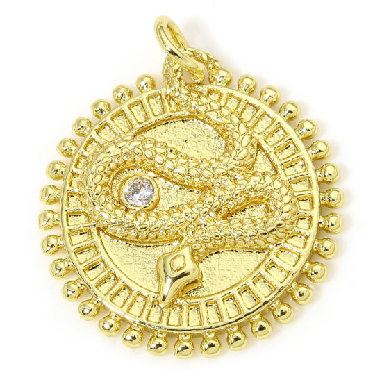 Bild von 1 Piece Eco-friendly Brass Charms 18K Real Gold Plated Snake Animal Round Clear Cubic Zirconia 23mm x 20mm