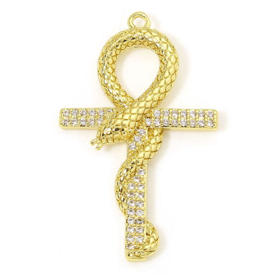 Bild von 1 Piece Eco-friendly Brass Religious Pendants 18K Real Gold Plated Ankh Egyptian Cross Snake Micro Pave Clear Cubic Zirconia 3.4cm x 2.1cm
