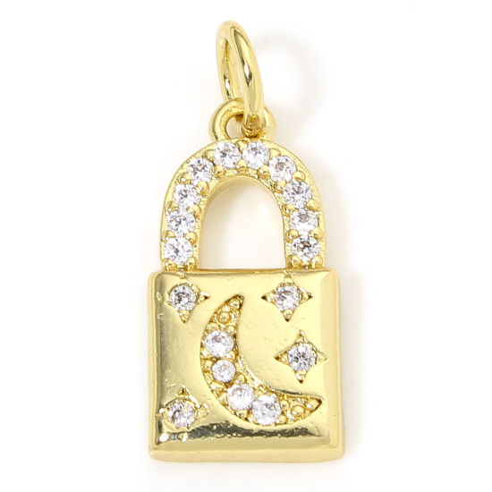 Picture of 1 Piece Eco-friendly Brass Charms 18K Real Gold Plated Lock Moon Micro Pave Clear Cubic Zirconia 19mm x 8mm