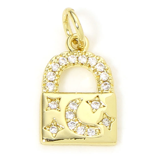 Picture of 1 Piece Eco-friendly Brass Charms 18K Real Gold Plated Lock Moon Micro Pave Clear Cubic Zirconia 18mm x 9mm