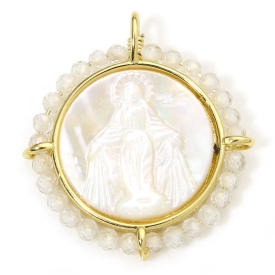 Picture of 1 Piece Eco-friendly Shell & Brass Religious Charms 18K Real Gold Plated Transparent Clear Round Virgin Mary 25mm x 22.5mm