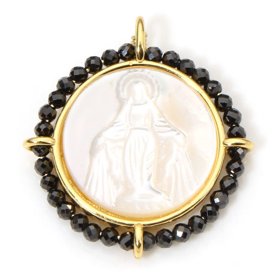Picture of 1 Piece Eco-friendly Shell & Brass Religious Charms 18K Real Gold Plated Black Round Virgin Mary 25mm x 22.5mm