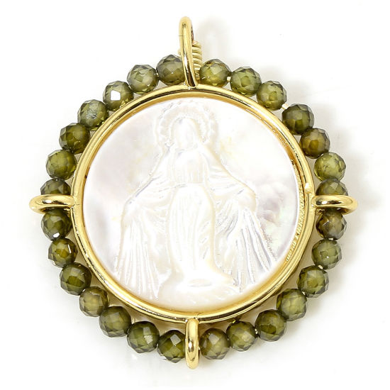 1 Piece Eco-friendly Shell & Brass Religious Charms 18K Real Gold Plated Green Round Virgin Mary 25mm x 22.5mm の画像