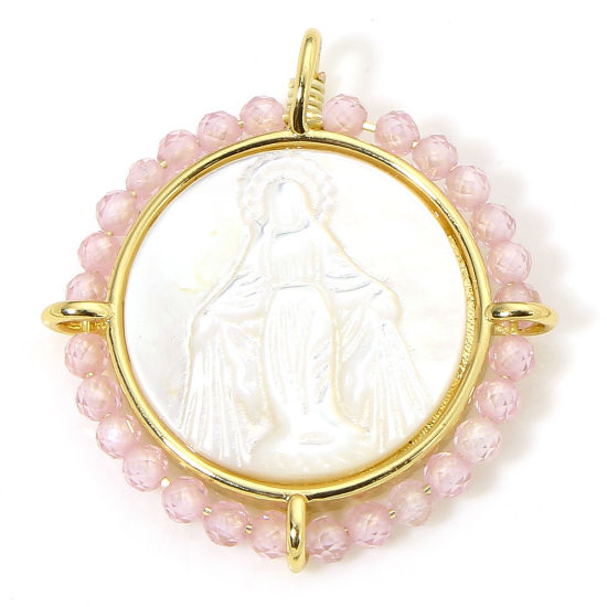 Picture of 1 Piece Eco-friendly Shell & Brass Religious Charms 18K Real Gold Plated Pink Round Virgin Mary 25mm x 22.5mm