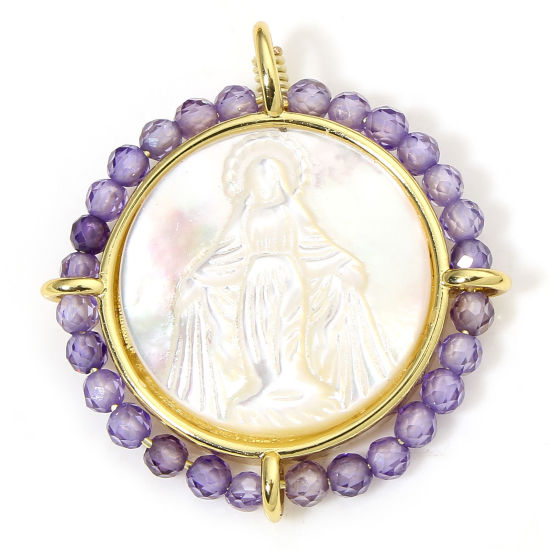 Picture of 1 Piece Eco-friendly Shell & Brass Religious Charms 18K Real Gold Plated Purple Round Virgin Mary 25mm x 22.5mm