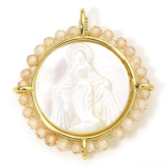 Picture of 1 Piece Eco-friendly Shell & Brass Religious Charms 18K Real Gold Plated Champagne Round Virgin Mary 25mm x 22.5mm