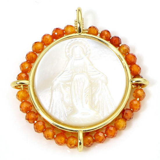 1 Piece Eco-friendly Shell & Brass Religious Charms 18K Real Gold Plated Orange Round Virgin Mary 25mm x 22.5mm の画像