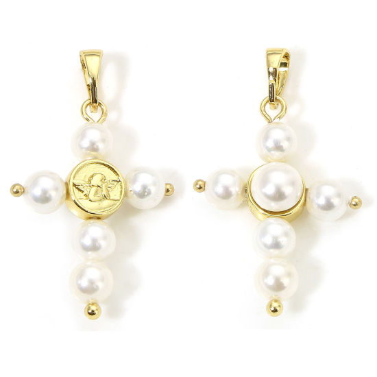 Immagine di 1 Pz Ecologico Ottone Religione Ciondoli Pendenti Croce 18K Vero Oro Placcato Angelo Perla Imitato Acrilico 3.3cm x 1.9cm