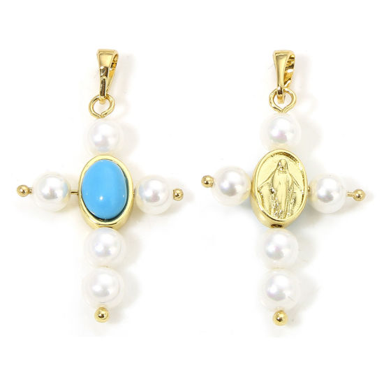 Immagine di 1 Pz Ecologico Ottone Religione Ciondoli Pendenti Croce 18K Vero Oro Placcato Gesù Con Resina Cabochon Imitazione Turchese 3.6cm x 2.1cm