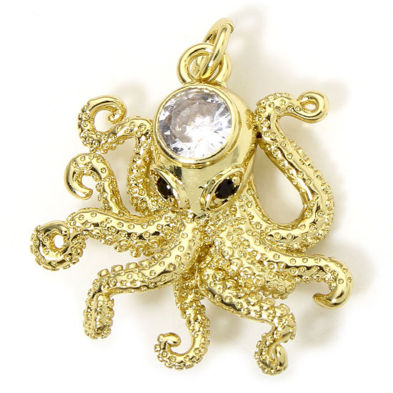 Bild von 1 Stück Umweltfreundlich Messing Ozean Schmuck Charms 18K Echtgold plattiert Kraken Klar & Schwarz Zirkonia 23mm x 21mm