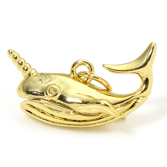 Image de 1 Pièce Breloques Bijoux d'Océan en Laiton Respectueux de la Nature Baleine Plaqué Or Véritable 18K 3D 19mm x 10mm