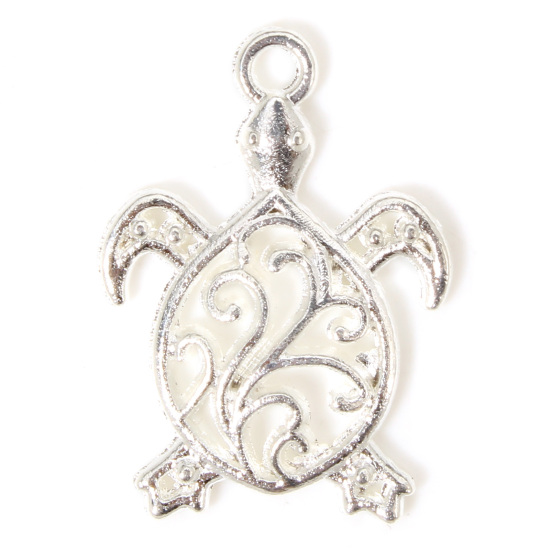 Image de 50 PCs Zinc Based Alloy Ocean Jewelry Charms Silver Plated Sea Turtle Animal Filigree 21mm x 15mm