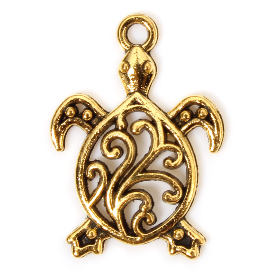Picture of 50 PCs Zinc Based Alloy Ocean Jewelry Charms Gold Tone Antique Gold Sea Turtle Animal Filigree 21mm x 15mm